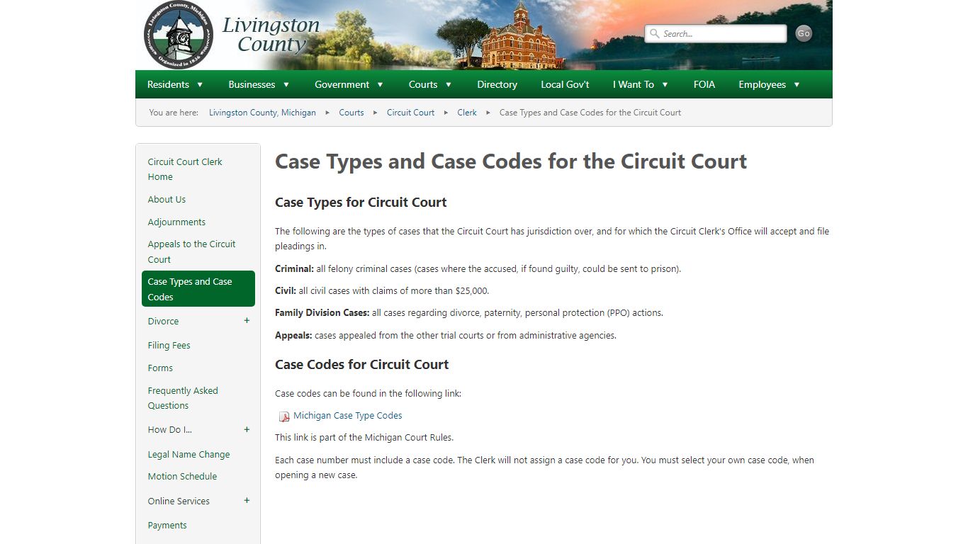 Case Types and Case Codes for the Circuit Court