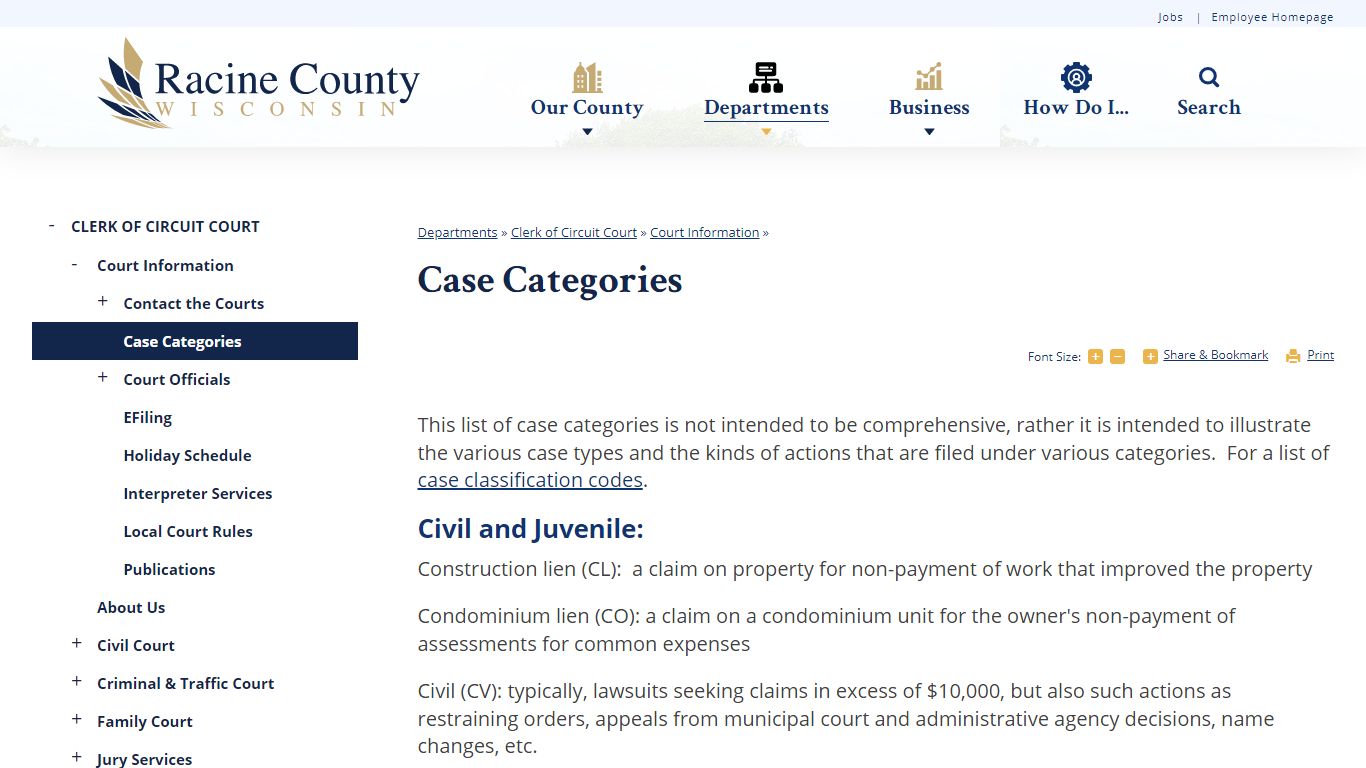 Case Categories | Racine County, WI